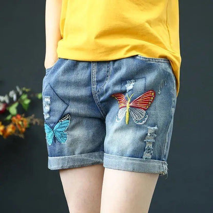 Summer High Waist Was Thin and Thin Casual Casual Hole Straight Denim Shorts Elastic Waist Embroidered Denim Shorts Women Loose Shorts