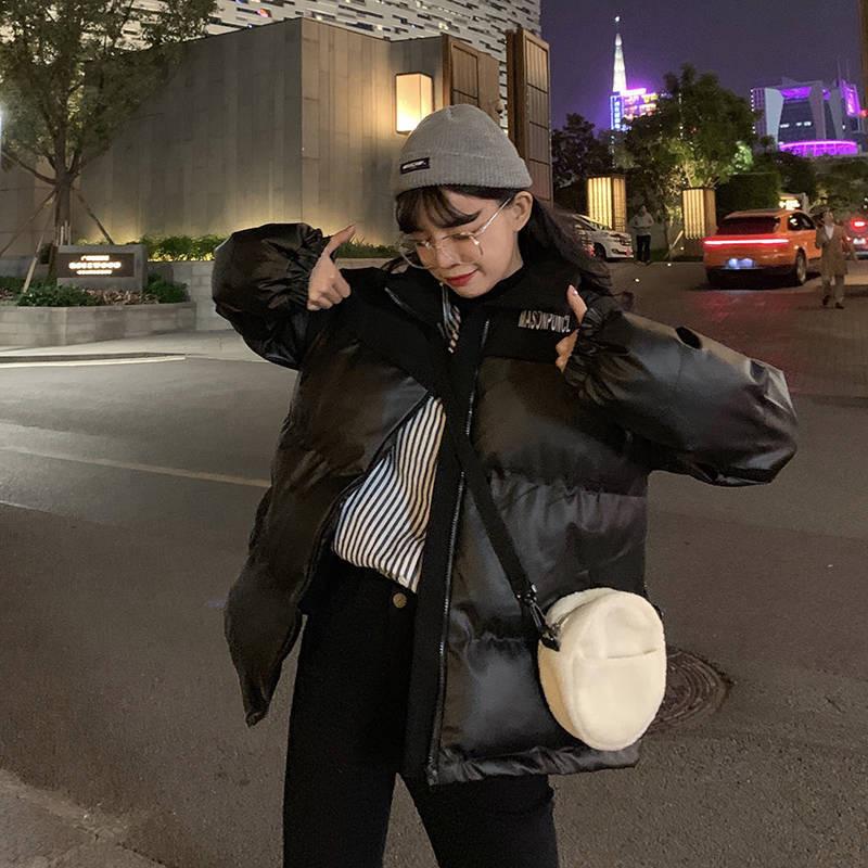 Winter Ins Loose Stitching Letter Printing Cotton-padded Jacket Women's PU Leather Stand-up Collar Warm and Windproof Bread Jacket