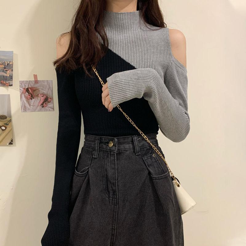 Sweater Women's Half Turtleneck Strapless Sexy Pullover Knitwear Slim Korean Patchwork Top Trendy Sweater Autumn Winter Jumper