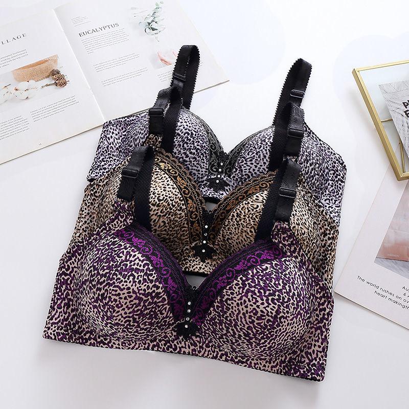 Leopard Print Large Size Thin Non-magnetic Bra Breast-receiving Anti-sagging No Steel Ring Gathering Underwear Ladies Bra
