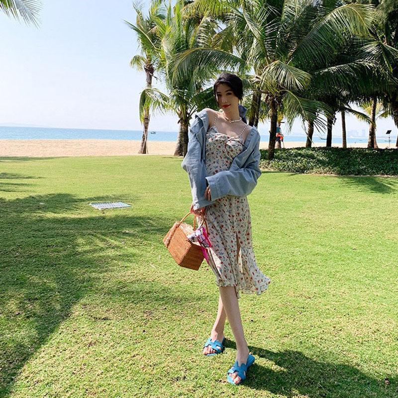 Floral Pearl Sling Dress Summer Mid-length Split Sweet First Love Dress
