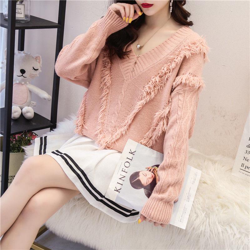 Womens Solid Color Sweater V-Neck Pullover Long Sleeve Loose Knitted Knitwear Sweaters