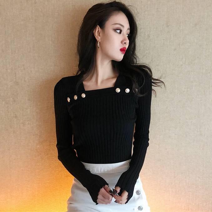 Vertical Stripe Bottoming Shirt Slim Square Collar Button Long Sleeve Knitted Sweater Women