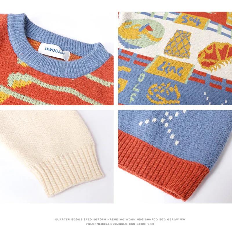 Japanese Retro Hong Kong Style Student Sweater Men's Autumn and Winter Wear Loose and Lazy Women's Forest Color-blocking Round Neck Sweater