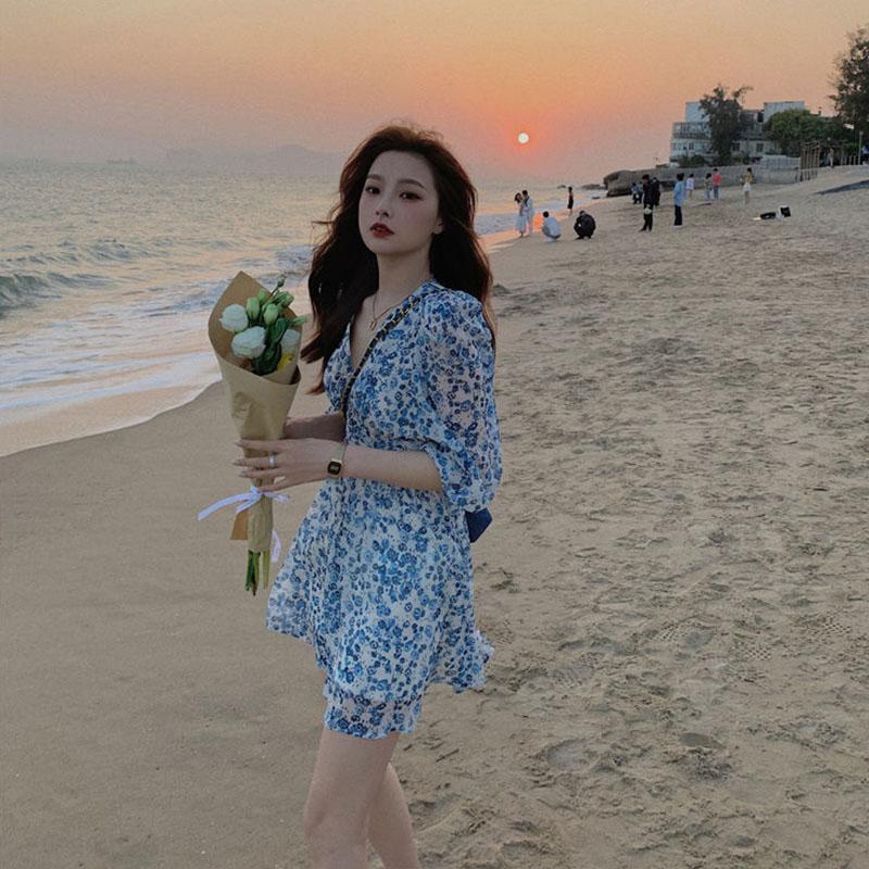 Spring Summer Waist Waist V-neck French Temperament Short Skirt Pleated Floral Chiffon Dress Women