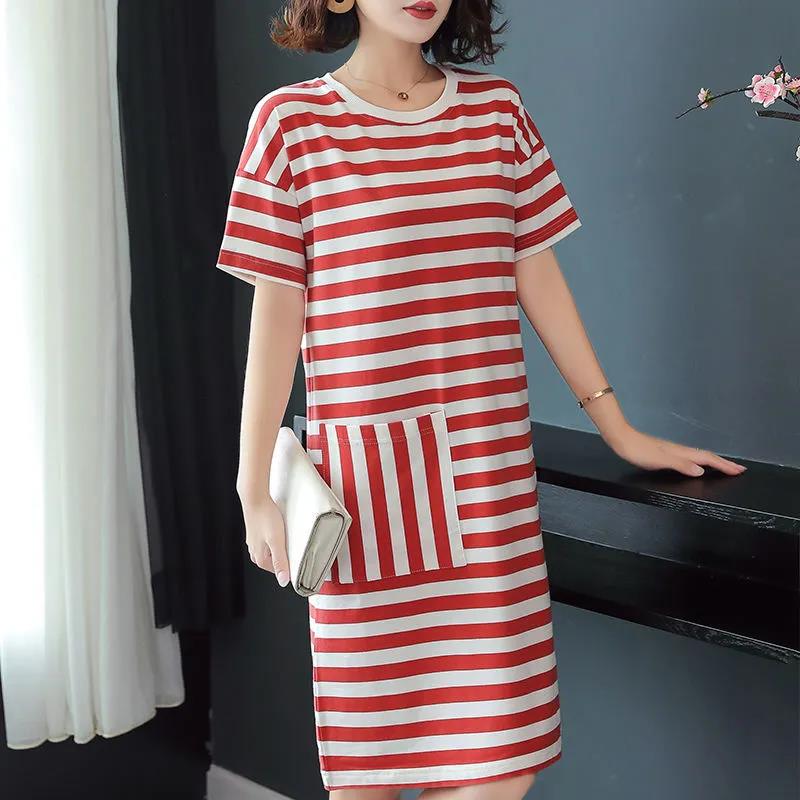 Cotton Fabric Loose Mid-length Striped Pocket T-shirt Skirt Covering The Flesh and Slimming Short-sleeved Dress Women's Loose Striped Straight Dress