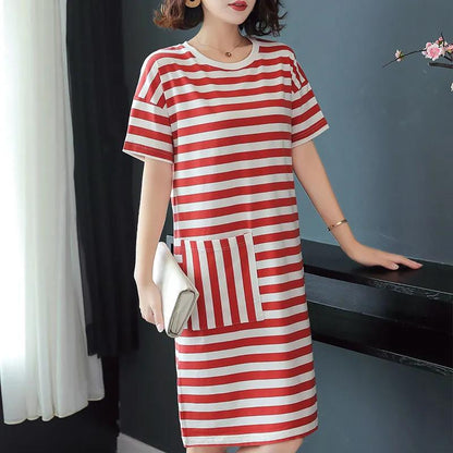 Cotton Fabric Loose Mid-length Striped Pocket T-shirt Skirt Covering The Flesh and Slimming Short-sleeved Dress Women's Loose Striped Straight Dress