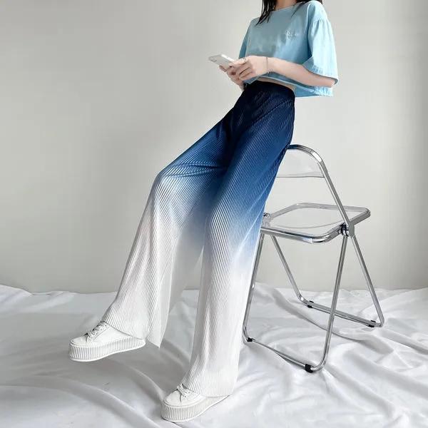 Gradient Color Ice Silk Wide-leg Pants Women's High-waisted Slim Drape Loose Straight Casual Pants Summer Printed Trousers
