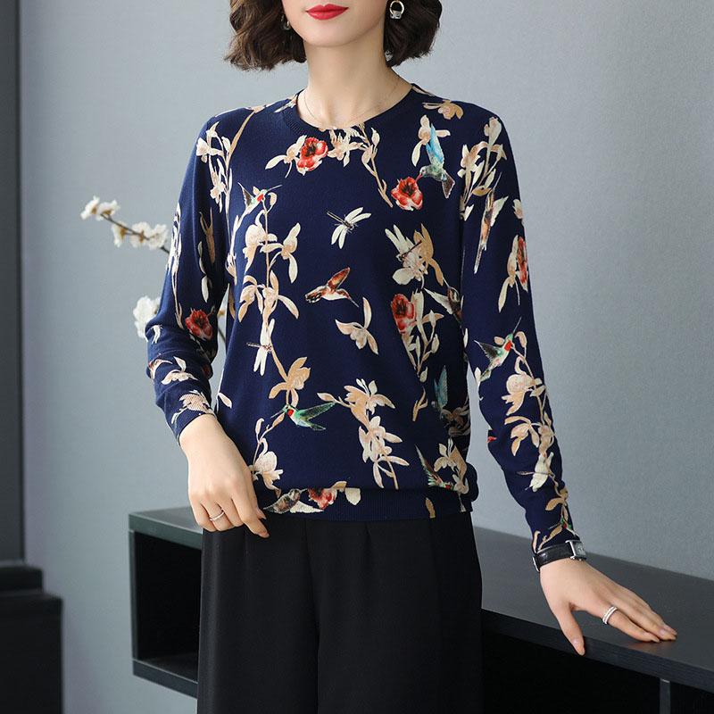 Autumn Winter Bohemian Floral Print Sweater Women Short Knit Bottoming Sweater Pullover Loose Plus Size  Wool Blend Jumper