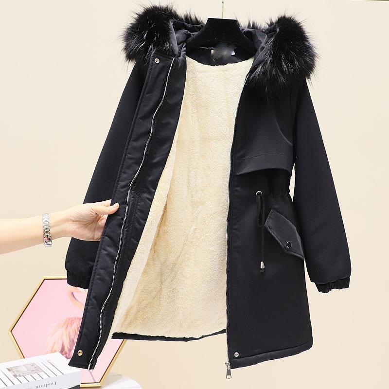 Imitation Hair Parker Overcoming Women's Mid-length Plus Velvet Thick Hooded Waist Waist Tooling Cotton-padded Jacket