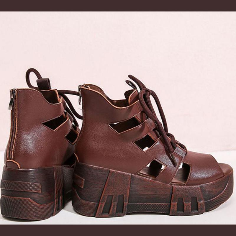 Summer Hollow Sandals  Slope-heel Platform Sandals  Fish Mouth Lace-up High-heeled Soft Leather Ethnic Roman Women’s Shoes