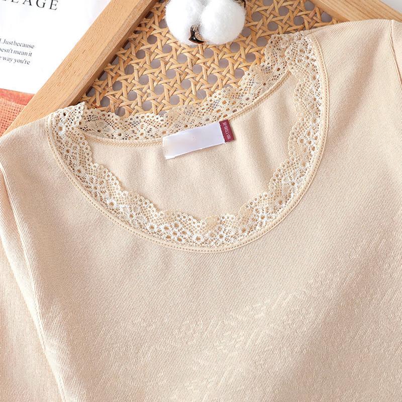 Women Winter Autumn Thermal Underwear Lace O-neck Female Tight Suit Thicken Windproof Comfortable Soft Lining Long Sleeve High Elasticity Warm Pajamas