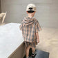 Boy's Summer Suit Two-piece Suit for Children Korean Version of Children's Cotton Plaid Hooded Two-piece Suit