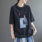 Cotton Retro Print Round Neck Short Sleeve T-Shirt Girls Summer Large Size Loose Casual Top