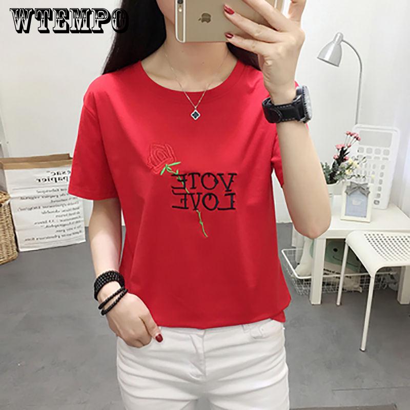 Summer Animals and Flowers Embroidered College  Loose  Short Sleeve Female T-shirts