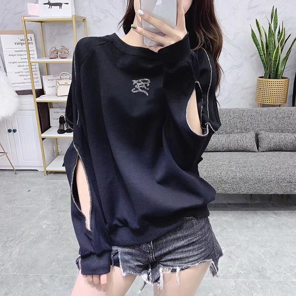 Women's Loose Fashion Sweater Spring and Autumn Hollow Beaded Jacket Off-shoulder Thin Top
