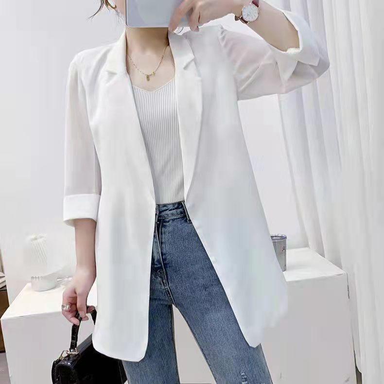 Women's Suit Jacket Thin Blazer Coat Loose Mid-length Summer Chiffon Sunscreen Shirt Three-quarter Sleeve Small Suit Air-conditioning Shirt