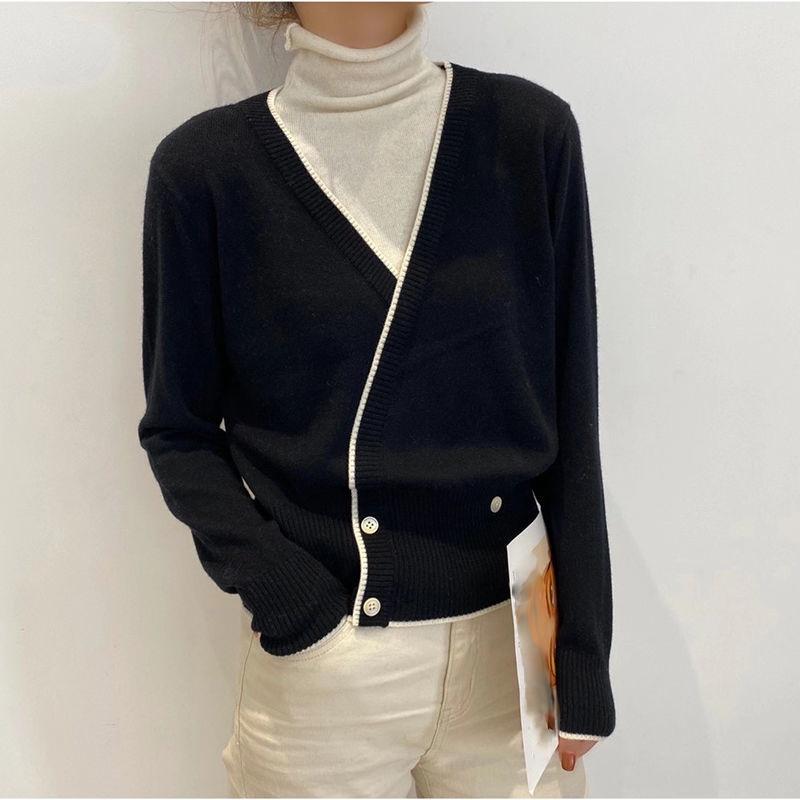 Color-blocking Turtleneck Sweater Women Autumn and Winter Piled Pile Collar Loose Wild Western Fake Two-piece Knitted Bottoming Shirt