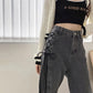 Women's Jeans Loose Wide Legs Straight Smoke Grey Pants High Waist Thin Strap Personality Jeans Punk Style Trousers