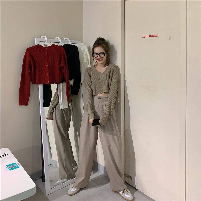 Pofulove Autumn Korean Wild Loose Short Design Back Button V-neck Sweater Women Knitted Sweater