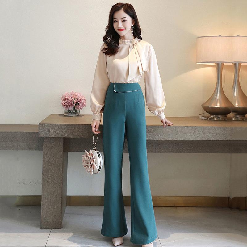 Wide Leg Pants Suit Spring and Autumn Dress Temperament Small Fragrance Thin Flared Pants Chiffon Shirt Suit Temperament Workwear