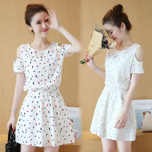 Cotton Short Off-shoulder Dress Floral Waist Slimming Dress Ladies Off-shoulder Dress Cotton Fabric Sweat-absorbent and Breathable