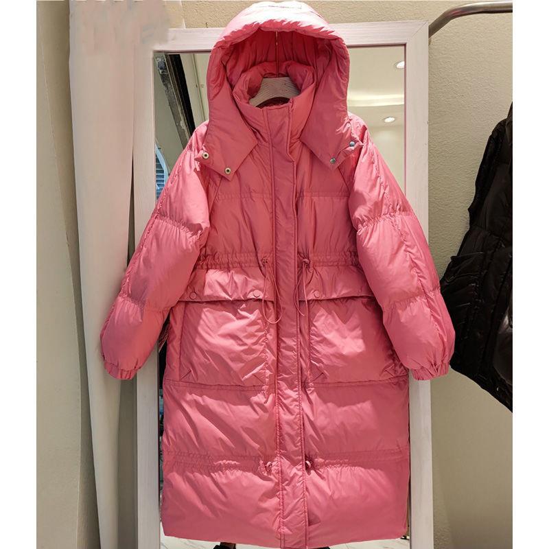 Women's Mid-length Down Jacket Over The Knee Korean Style Loose Thick Hooded Waist Waist Wild White Duck Down Jacket