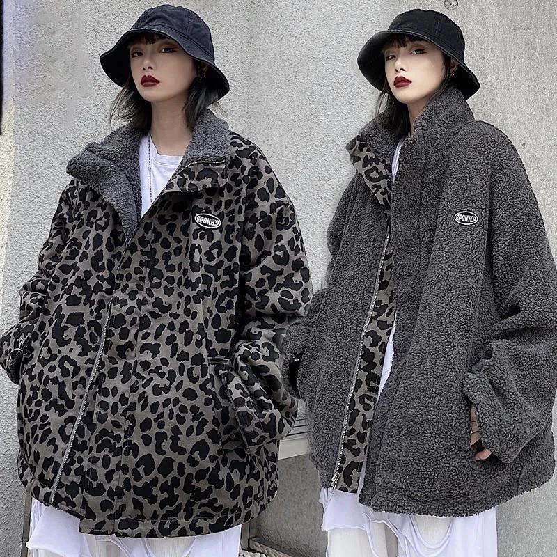 Leopard Print Double-sided Polar Fleece Jacket Winter Korean Version of The Loose High Collar Mid-length Lamb Velvet Jacket Suitable for Young Women