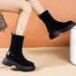 Black Boots Woman Autumn and Winter Velvet Elastic Boots Korean Version of Wild Short Boots Increased Thick-soled Boots Martin Plush Boots