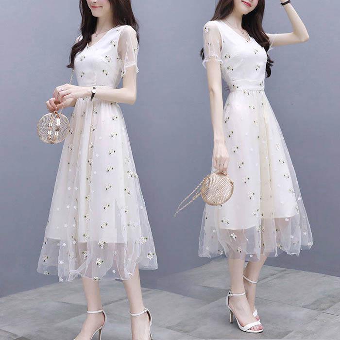 Pofulove S-3XL Women Summer V-neck Chiffon Mesh Dress Slim Sexy Short-sleeved Long A-line Dress