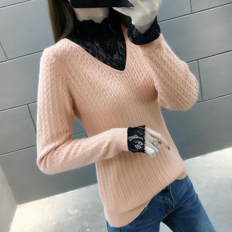 Autumn and Winter Fashion Simple Bottoming Shirt Lace Stitching V-neck Sweater Fashion Knitted Women's Top