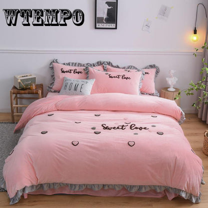 Coral Velvet 4pcs Winter Flannel Thickening Warm Bedclothes Queen King Bedsheets Quilt Cover