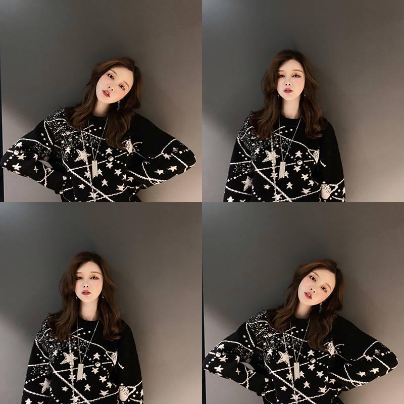 Couple Sweater Winter Cute Star Pattern O-neck Loose Knitwear Retro Unisex Pulover Sweater