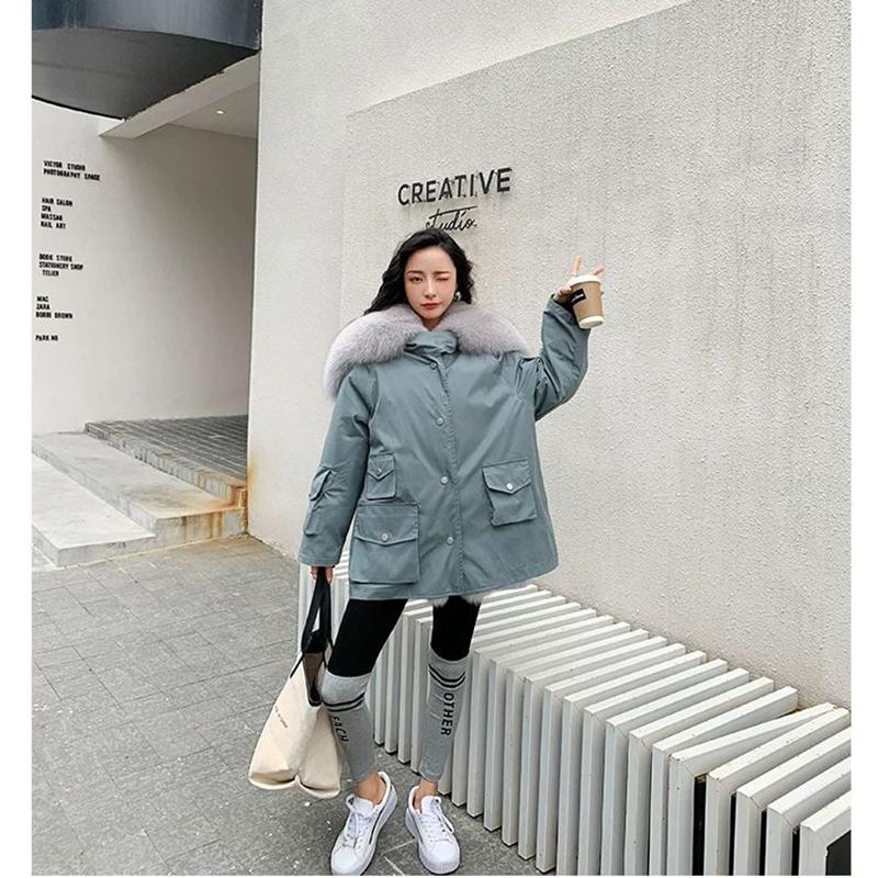 Parker Overcome Women's Detachable Imitation Fox Large Fur Collar Plush Liner Short Faux Fur Jacket Women's Warm Loose Large Size Cotton Jacket