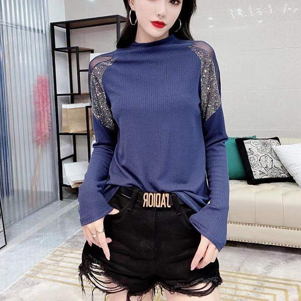 Stitching Long-sleeved Bottoming Shirt Women Half High Neck T-shirt Top Casual Fashion Coat