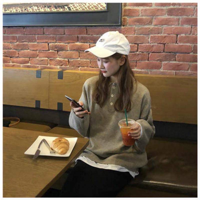 Pofulove Solid Color POLO Collar Sweater Jacket Female Autumn Winter College Style Sweater