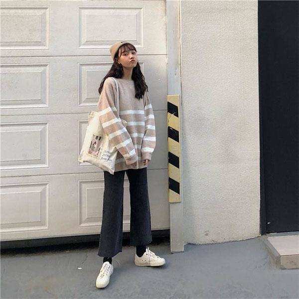 Autumn and Winter College Style Round Neck Striped Sweater Female Student Loose Mid-length Top Sweater Coat