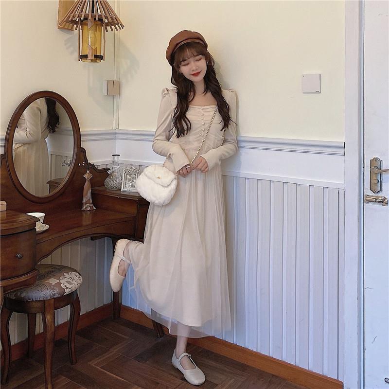 French Dress Korean Style Mid-length Long-sleeved Square Neckline Mesh  Receiving Waist Slim Skirt