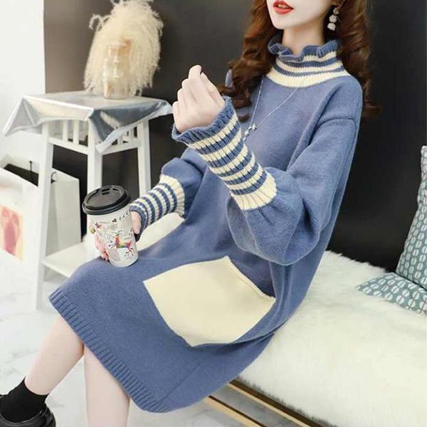 Pregnant Women's Knitted Bottoming Skirt Autumn and Winter Clothes Go Out Thick Fashion Sweater Loose Mid-length Postpartum Dress