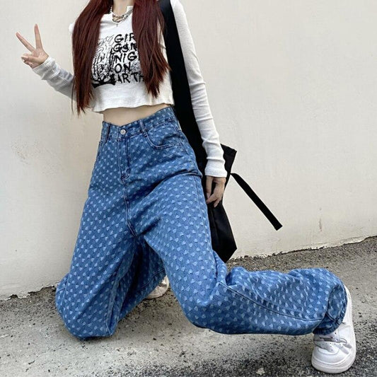 Retro Jacquard High Waist Wide Leg Pants Jeans For Women Loose Ins Style Staight Panton Female Long Trousers High Street Jeans