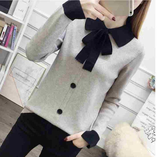 Autumn and Winter Loose Sweater Doll Collar Lace Top Bow Knit Women's Bottoming Shirt