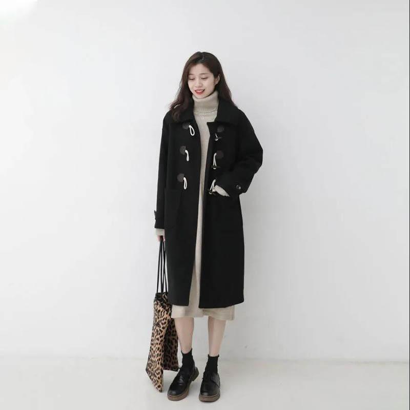 Retro Horn Button Woolen Coat Women Mid-length Windbreaker Plus Cotton Thick Autumn and Winter Jacket Women
