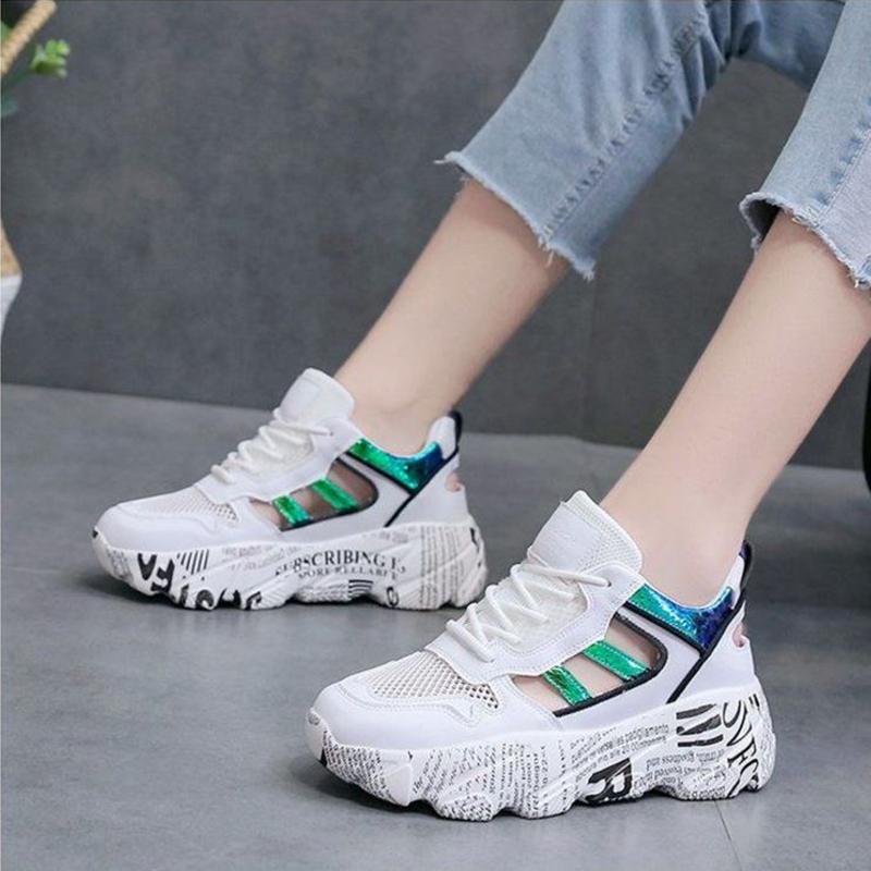 Spring  Summer Net Shoes Women's Wild Casual Breathable Sports Shoes Thick-soled Increased Shoes Non-slip Lace Running Shoes