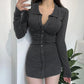 V-neck POLO Neck Slim-fitting Hip Short Skirt Women's Sexy Long-sleeved Button Pleated Dress Showing Breasts Femininity Solid Color