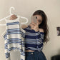 Design Striped Long-sleeved T-shirt Women Halter Neck Slant Button Off-shoulder Cropped Top Knitted Sweater