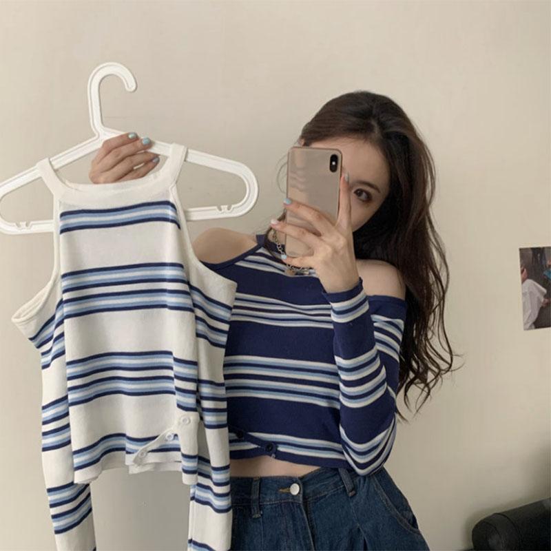 Design Striped Long-sleeved T-shirt Women Halter Neck Slant Button Off-shoulder Cropped Top Knitted Sweater