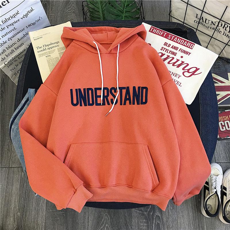 Women's Autumn/winter Fashion Letter Embroidered Hoodie Plain Color Loose Sweatshirt