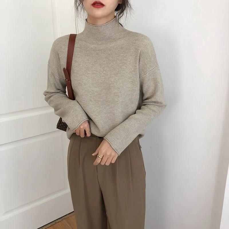 Autumn Winter Modal Cotton Pullover Women's Loose Half Turtleneck Sweater Fashion Curled Long Sleeve Knitwear