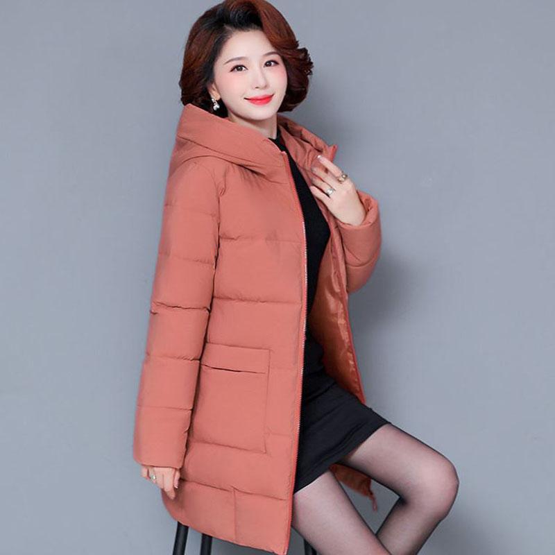 Winter Down Jacket Fashion Solid Color Hooded Parka Coat Thick and Warm Mid-length Down Cotton Jacket for Women
