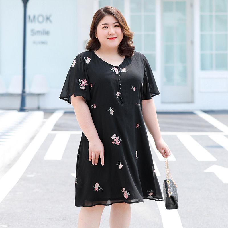 Large Size XL-XXXXXL Women's Summer Dress Chiffon Veil Short Sleeve V-Neck Floral Lightweight and Breathable
